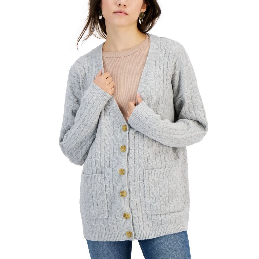 Hippie Rose Juniors' Baby-CableKnit Button Cardigan - Light Heather Grey Size XL